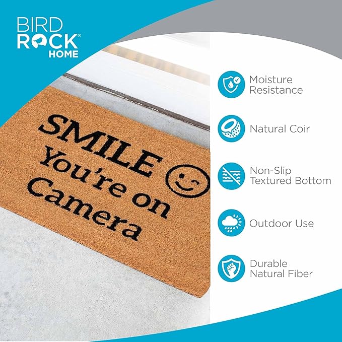 BIRDROCK HOME Smile You're On Camera Doormat - Front Door Mat for Indoor Outdoor Entrance - Black Border Rug for Entryway, Porch, Patio, House, or Backdoor - Low Profile, Easy to Clean - 18x30