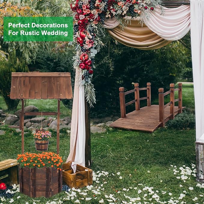 VINGLI Wooden Wishing Well and Garden Bridge Bundle for Outdoor Rustic Wedding Garden Decor Country Theme Style, Ornamental Landscaping Art Project Barrel Planter and Wooden Bridge Set for Backyard