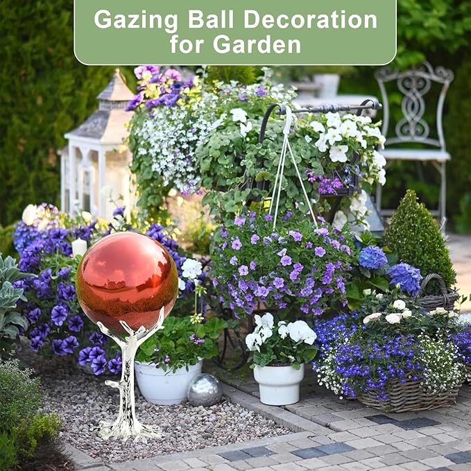 Nerien 12 Inch Gazing Ball, Stainless Steel Garden Mirror Globe, Polished Ornament Sphere, Hollow Floating Reflective Hemisphere, Home Outdoor Pond Housewarming Swimming Pool Decoration Gift, Red