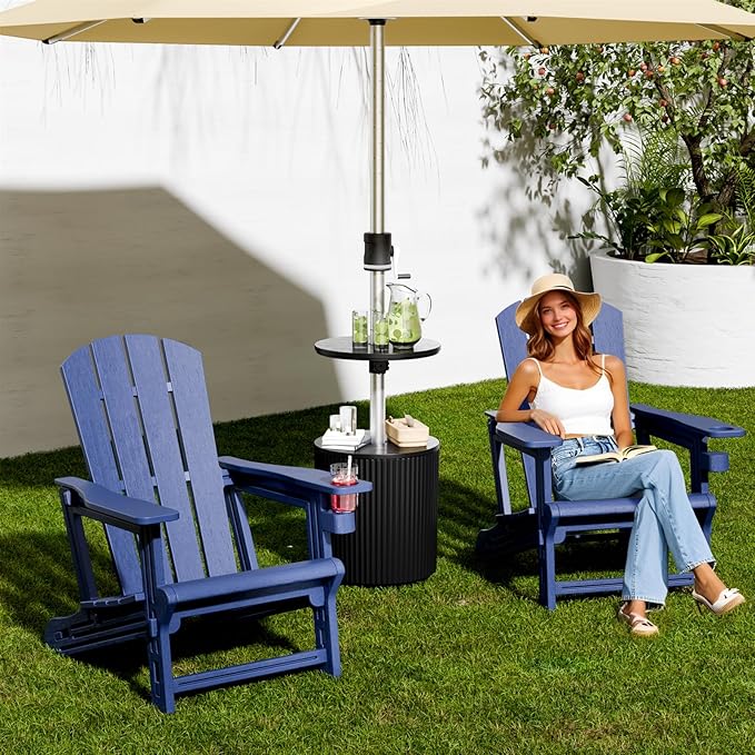 Adirondack Chair，Plastic Outdoor Chairs Without Screws Install，Patio Adirondack with Cup Holder，400 LBS Capacity Recliner Chair Garden Chair for Backyard Lawn Beach Navy Blue