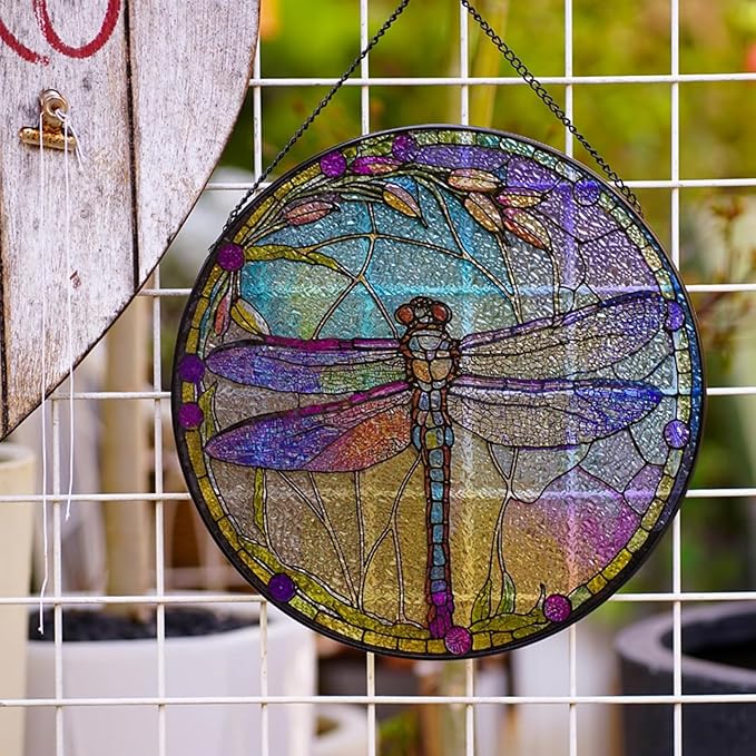 Dragonfly Stained Glass Suncatcher Artistic Window Hanging,7.8” Hand-Painted Glass Panel Wall Home Decor,Gift for Women Garden Decor Suncatcher (Dragonfly)