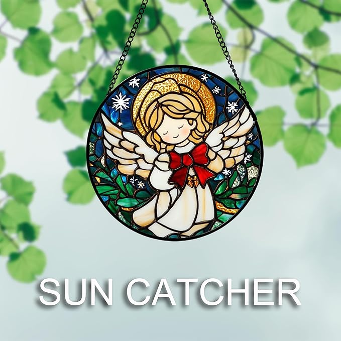 Stained Glass Window Hanging Christmas Cute Angel Large 15" - Green Plant Suncatcher Door Garden Sun Catcher Home Decor Birthday for Mom Men Woman Wife Friend Girl Nana