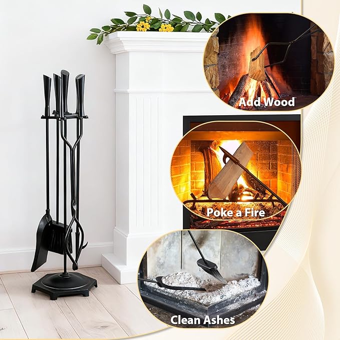 FEED GARDEN Fireplace Tools Set 5 Pieces Modern 32 Inch Outdoor Wrought Iron Fireplace Accessories Set with Log Holder Poker, Tong, Shovel, Brush, Base, Black