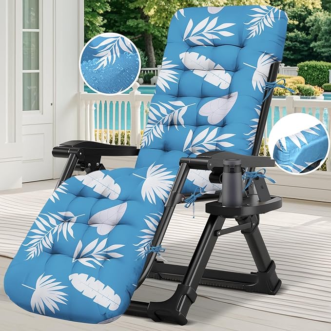 Outdoor Chaise Lounge Chair Cushion Waterproof 66 x 21 x 4 Inches Cotton Lounge Chair Cushions with Ties, Soft Thickened Lounge Chair Cushions for Indoor Outdoor Furniture (Blue Leaves)