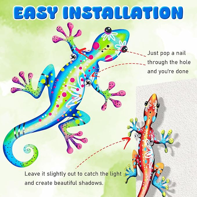 Metal Gecko Wall Decor 6 PCS, 3 Styles Outdoor Wall Art Decorations, Metal Lizard Hanging Decor for Garden, Patio, Farmhouse, Home, Fence