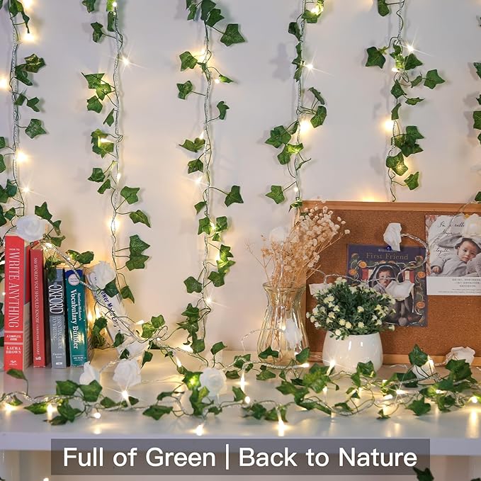 suddus Vine with Fairy Lights Plug in, 33ft 100 LED Ivy String Lights Connectable with Remote, Leaf Light for Bedroom, Room, Wall, Garden, Party, Wedding Dorm Decor (Warm White)