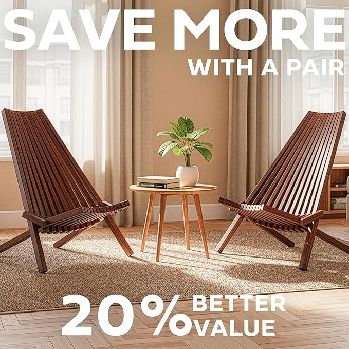 Melino 2PCS Wooden Folding Tamarack Chairs, FSC Certified Acacia Low Profile Adirondack Chairs, Wood Folding Chair for Outdoor, Patio, Porch, Pool, Backyard, Garden, Balcony and Deck - Chestnut - Pair