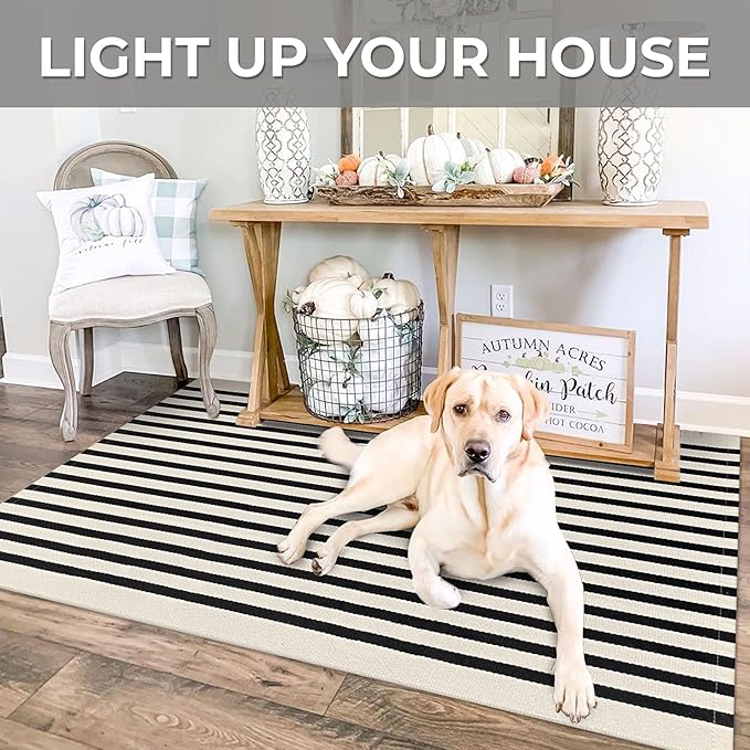 IOHOUZE Black Beige Striped Rug -3'x5' Front Door Rugs Outdoor, Washable Area Rug for Front Porch, Spring Summer Welcome Mats Outdoor Indoor, Doormat for Entryway Porch Entrance