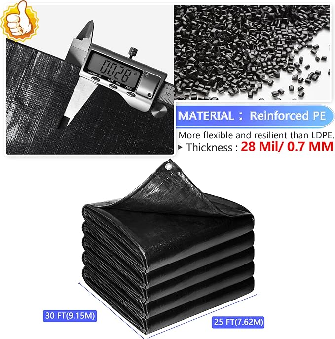 Reinforced PE Pond Liner 25 x 30 FT, 28 Mil Sun Resistant Preformed Pond Liner, Hemmed Edge with Buttonholes Liner for Outdoor Large Ponds, Fish/KOI/Duck Pond, Garden Waterfall, Waterscape, Black