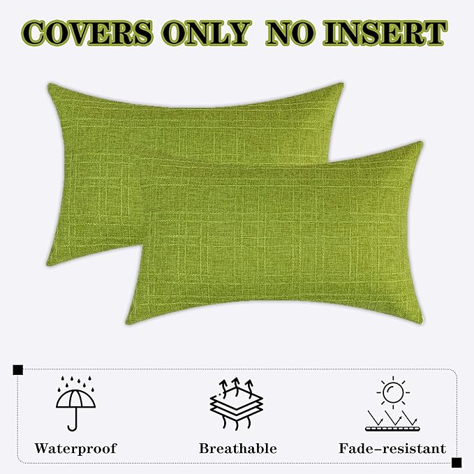 Kevin Textile Outdoor Waterproof Lumbar Pillow Covers 14x24 Inch Pack of 2 Checkered Decorative Rectangle Cushion Throw Pillowcases Shell for Patio Tent Garden Couch Bed Sofa Green