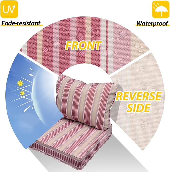 AAAAAcessories Outdoor Seat Cushions for Chairs, Fade-Resistant, Waterproof Patio Furniture Replacement Cushions, 20" x 18" x 3" + 20" x 17", Dusty Rose Garden Stripe