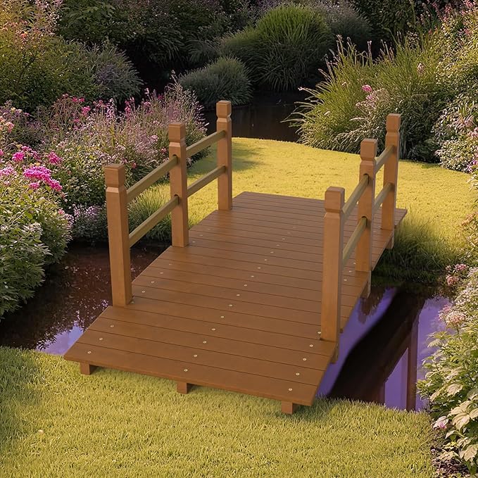 Outvita 5 ft Garden Wooden Bridge Arch Natural Finish with Safety Rails Outdoor Footbridge for Backyard Creek Farm, Decorative Pond Bridge