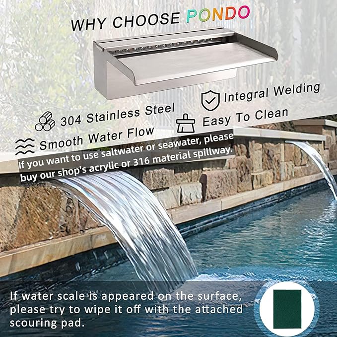 PONDO Pool Waterfall 12" APP with 16 Colors LED Lights, Stainless Steel Pond Fountain Set for Outdoor Decorations, Patio Waterfall Spillway Kit on The Wall for Garden, Easy Installation