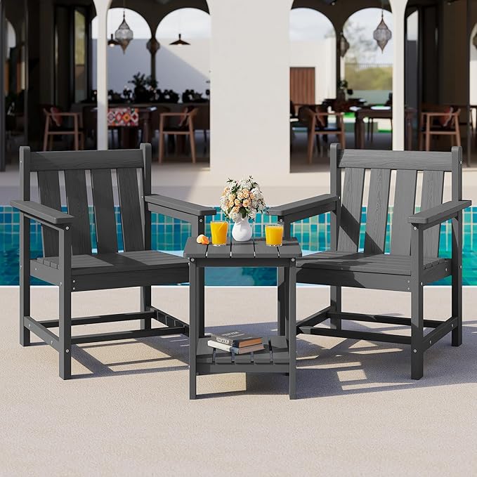 SEWRWALL Patio Furniture Set, HDPE Material All Weather Use Adirondack Chair Set with Side Table for Balcony, Porch, Garden, Backyard- Gray