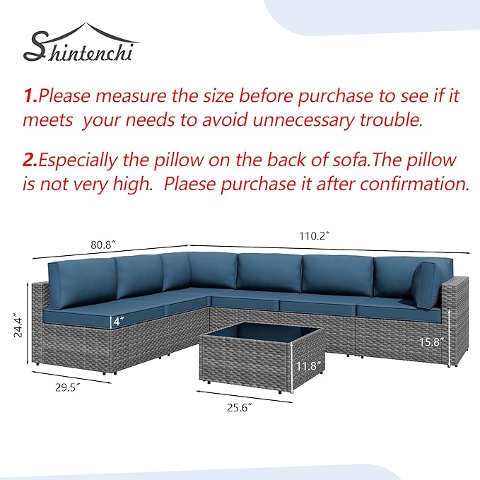 Shintenchi 7 Pieces Outdoor Patio Furniture Sets, Patio Sectional Sofa Couch, Silver Gray PE Wicker Furniture Modular Patio Conversation Sets Patio Sofa with Washable Cushions & Coffee Table (Blue)