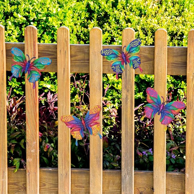 4 Pcs Butterfly Wall Decor Art, Metal Butterflies Outdoor Wall Art with Colorful Leaves, Hand Painted Outdoor Decor for Garden, Yard, Fence, Patio Decoration