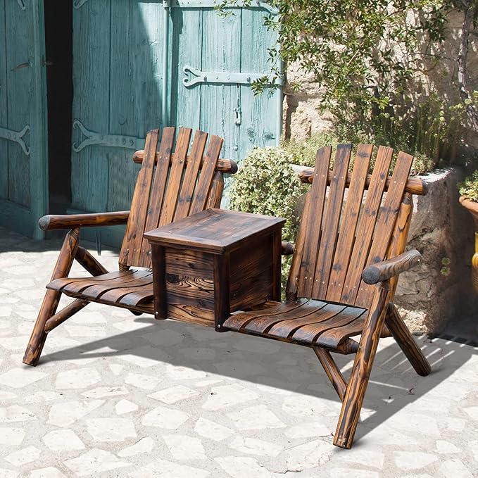 Outsunny Double Wooden Adirondack Chair with Ice Bucket, Outdoor Loveseat with High Backrest, Smooth Armrest, Rustic Brown
