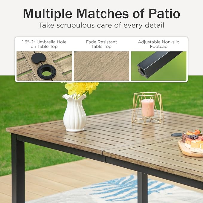 PHI VILLA 7 Pieces Outdoor Set for 6, 65” Wood-Like Metal Steel Dining Table & Stackable Iron Chairs with Cushions, Large Modern Furniture Set for Patio, Deck, Yard, Porch