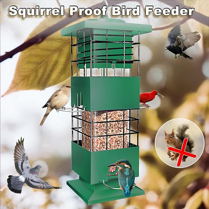 Squirrel Proof Bird Feeders for Outdoors, 3 LBS Large Birdfeeders Outside Hanging, Metal Bird Feeder with 4 Feeding Ports, Weight Activated Backyard Wild Bird Feeders for Finch, Cardinal, Bluebird