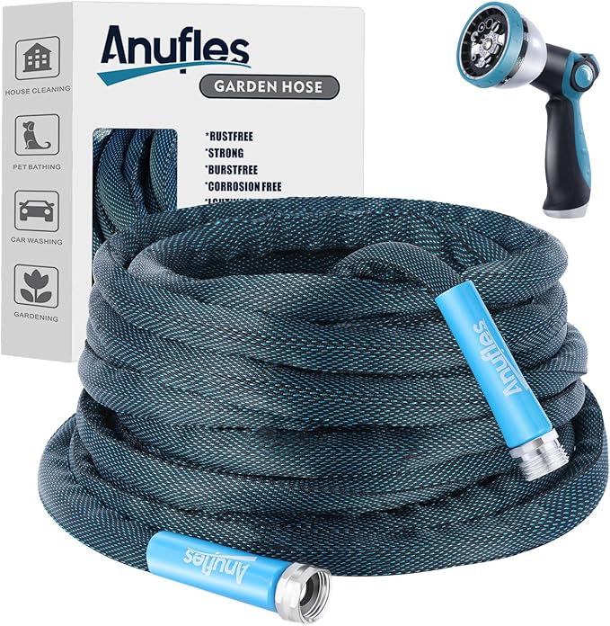 Aunfles 100FT Garden Hose - Flexible Water Hose with 10 Spray Nozzle, Lightweight Design, Easy Storage, Leak-Proof, Compact, Portable, Car Wash for Yard (Blue)