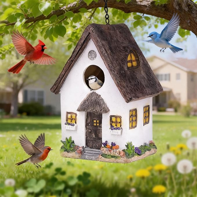 Attivolife Outdoor Birdhouses, Wood Waterproof Hanging Chain Nesting Boxes, Outside Bird House Garden Patio Yard Decor for Bluebird Finches Cardinals Resin, Creative Gifts for Bird Lover Family Friend