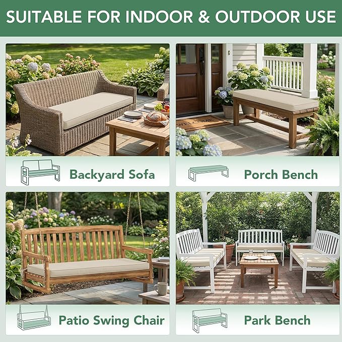Outdoor Bench Cushion: Waterproof and Fade Resistant Patio Furniture Cushions - Non-Slip Bench Pad Cushion with Removable Cover for Garden Swing Porch Sofa Settee, 48 x 18 x 3 Inch, Beige