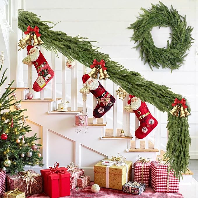 Findosom 2PCS 9Ft Christmas Norfolk Pine Garland, Real Touch Artificial Winter Green Pine Garland for Mantle, Wall, Fireplace, Stairs, Table, Indoor & Outdoor Christmas Decorations