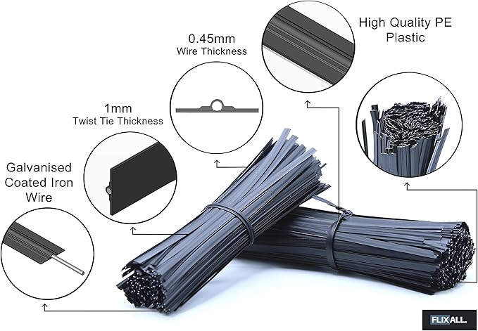 5 inches Plastic Twist Ties Pack of 500 - Premium Quality Reusable Black Plastic Coated Ties for Household and Office use
