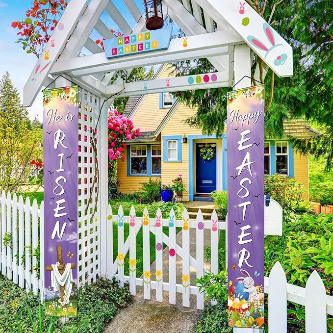 Happy Easter He Is Risen Porch Sign Banner Happy Easter Door Banners Hanging Decorations for Home Outdoor Indoor Wall Front Door Decor, 2 Pcs