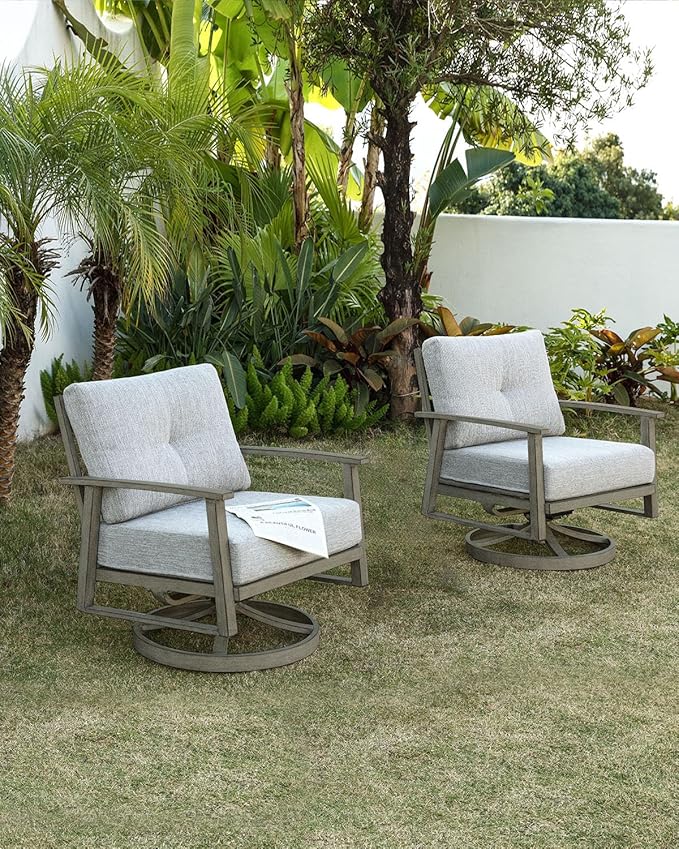 Outdoor Swivel Patio Chairs Set of 2, Outdoor Aluminum Swivel Armchair Conversation Set with Cushion, 2 Pieces All Weather Patio Furniture Sofa Chairs Set for Garden, Poolside, Lawn, Limed Oak