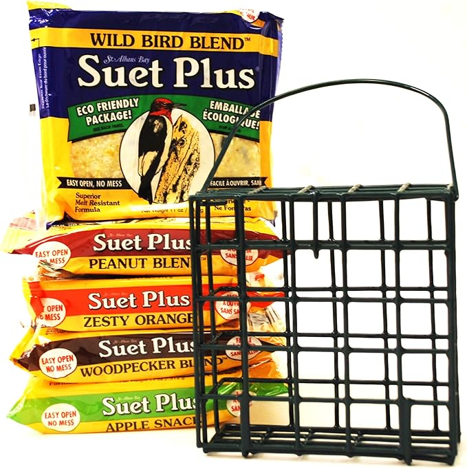 Suet Feeder and Suet Cakes for Wild Birds | 5 Flavors of Suet Cakes for Wild Birds | 11 Ounces Each