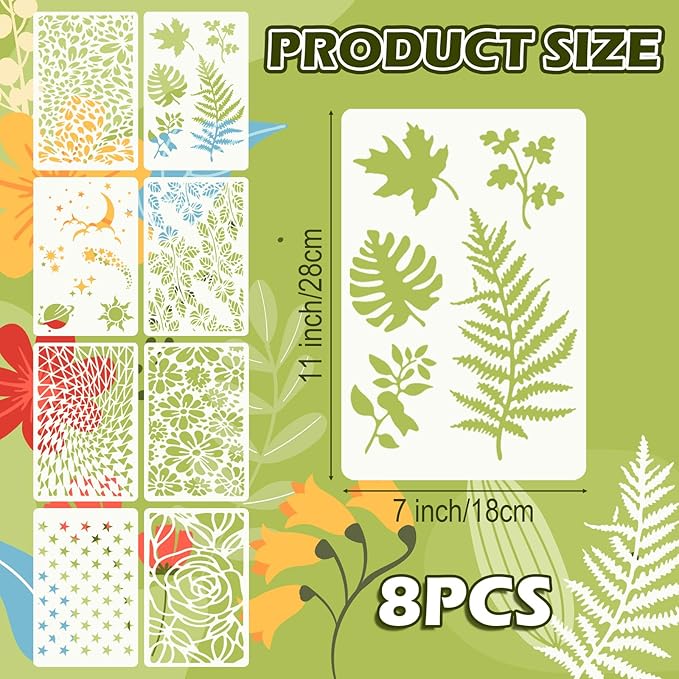 8 Pcs Reusable Mixed Painting Stencils, 11x7 Inch Wood Grain Flower Geometric Border Templates for for Painting on Wood Floor Wall Furniture Canvas DIY Home & Garden Decor
