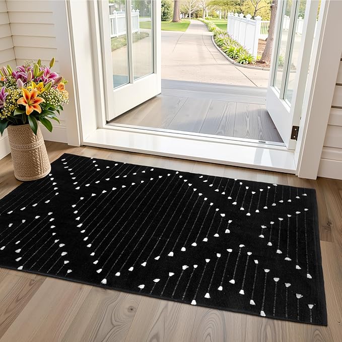 LIVEBOX Boho Black Rug for Kitchen,3x5 Washable Area Rug for Entryway,Moroccan Cotton Throw Rugs Morden Indoor Carpet Large Door Mat for Front Porch