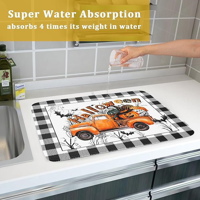 Holiday Truck Dish Drying Mat - Orange Holiday Absorbent Microfiber Dish Drying Pad for Kitchen Counter
