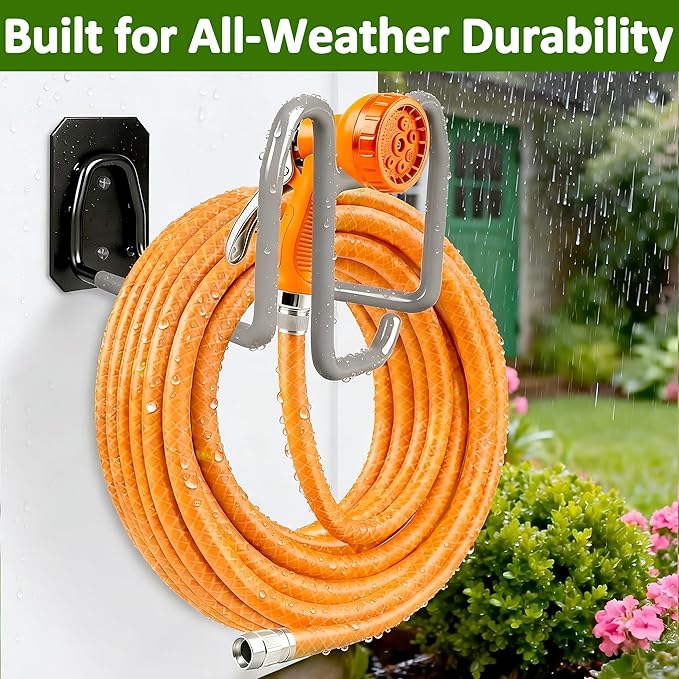 Garden Hose Holder with Hook - Heavy Duty Garden Hose Hanger with Sprayer Storage Design, Wall Mount Water Hose Storage for Outside Yard Lawn and Garage