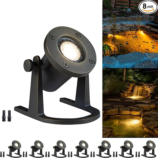 Gardenreet Solid Brass Underwater Pond Light - 12V Low Voltage Submersible Fountain Lights, IP68 Waterproof Bronze Pondlight with MR16 LED Bulb for Outdoor Waterfall Garden Landscape Lighting(8 Pack)