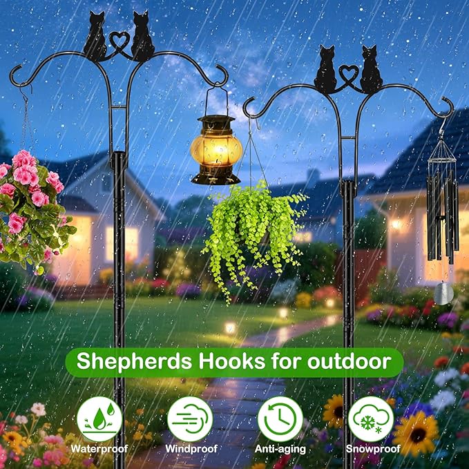 Double Shepherds Hooks for Outdoor, 1 Pack 78 Inch Bird Feeder Pole with 5 Prongs Base, Adjustable Heavy Duty Plant Hangers Cat Art for Outdoor Plants Hummingbird Feeder Hanging Basket Lantern