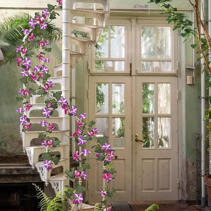 CISDUEO 2 Pcs Artificial Vines for Outdoors Silk Morning Glory Garland 11.5 Ft Hanging Flowers Plants Fake Petunias Vines for Indoor Home Decor Wall Fence Mantle Stairway Mailbox Rose Red and Fuchsia