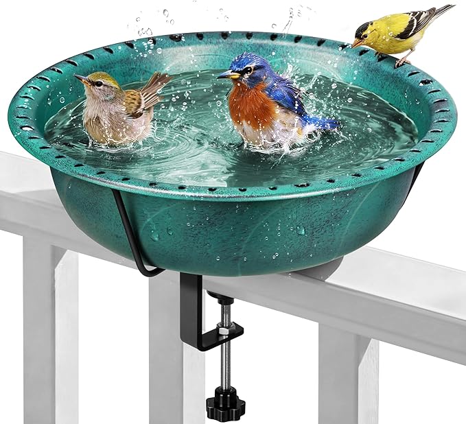 VIVOHOME Deck Mounted Bird Bath for Outside, Weather-Resistant ABS Bird Bath and Feeder with Adjustable Metal Clamp for Railing, Fence, Balcony, 1.45 Gallons, Green