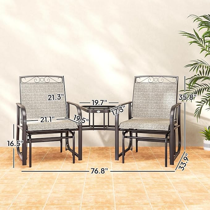Outsunny Outdoor Glider Chairs with Coffee Table, Patio 2-Seat Rocking Chair Swing with Breathable Sling for Backyard, Garden and Porch, Gray