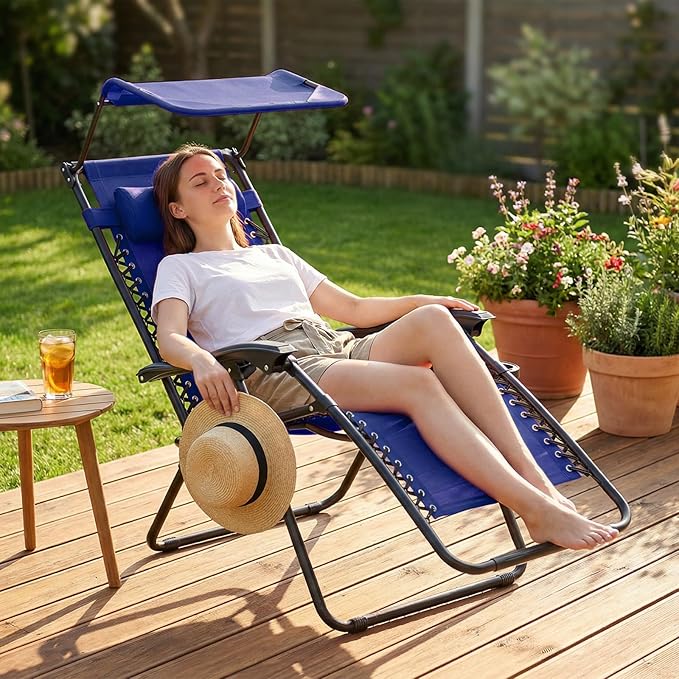 Magshion Zero Gravity Lounge Chair with Canopy, Outdoor Foldable Patio Reclining Chair with Side Tray, Adjustable Anti-Gravity Recliner with Pillow Headrest, Lounger for Lawn Camping Beach (Blue)