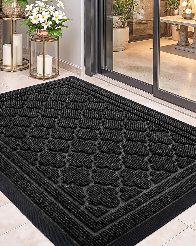 Color&Geometry Front Door Mat Outside Entrance, Heavy Duty Non Slip Low Profile Doormat for Entryway, Trap Dirt and Moisture Welcome Mats All-Weather, Easy Clean, Patio, Garage, 24"x48" Black