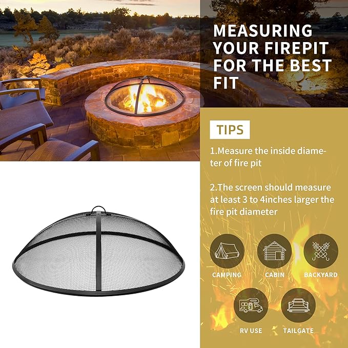 24Inch Round Fire Pit Spark Screen Cover,Outdoor Patio Mesh FirePit Screens,Heavy Duty Steel Domed Fire Pit Ember Guard with Handle
