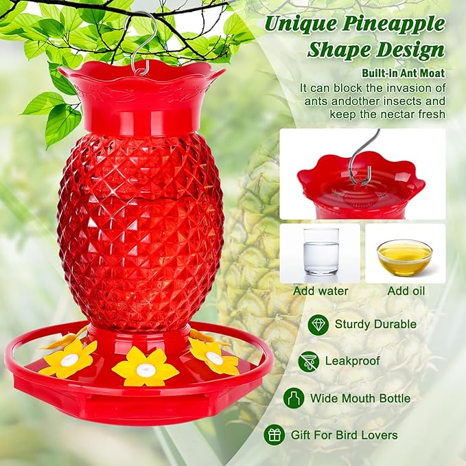 Glass Hummingbird Feeders for Outdoors Hanging Ant and Bee Proof 16OZ 2 Pack Red Pineapple Humming Bird Feeder with 6 Feeding Ports and Ant Moat Hummingbird Gifts for Women Garden Decor