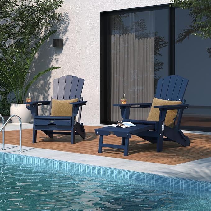 Folding Adjustable Adirondack Chairs with Ottoman & 1 Cup Holders Set of 8, HDEP Multifunctional Adirondack Chair with Footrest,Navy Blue