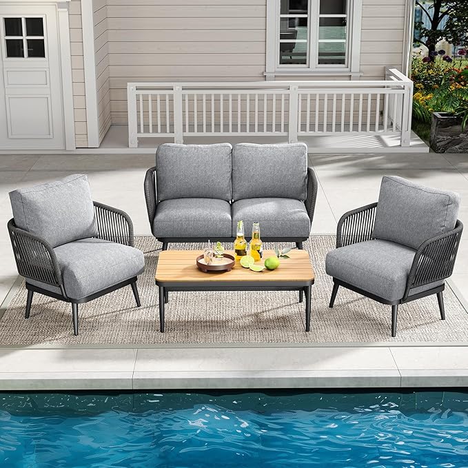 5-Piece Outdoor Patio Furniture Set All Weather 4-Seat Sofa with Coffee Table & Waterproof Thick Cushion – Patio Conversation Sets for Lawn, Balcony, Porch, Muebles para Patios Exteriores