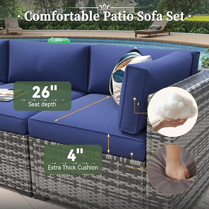 Aoxun 8 Piece Patio Furniture Set with 40'' Fire Pit Table Wicker Rattan Patio Conversation Set Outdoor Sectional Sofa Set with Coffee Table, Grey/Blue(Waterproof Cover Included)
