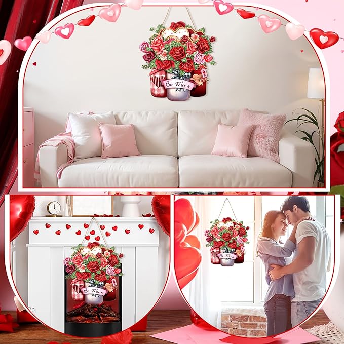 Juexica Valentines Door Decor Rose Wood Hanging Sign Wooden Farmhouse Welcome Sign with Heart Shaped Porch Home Farmhouse Valentines Front Door Wedding Anniversary Home Wall Decor