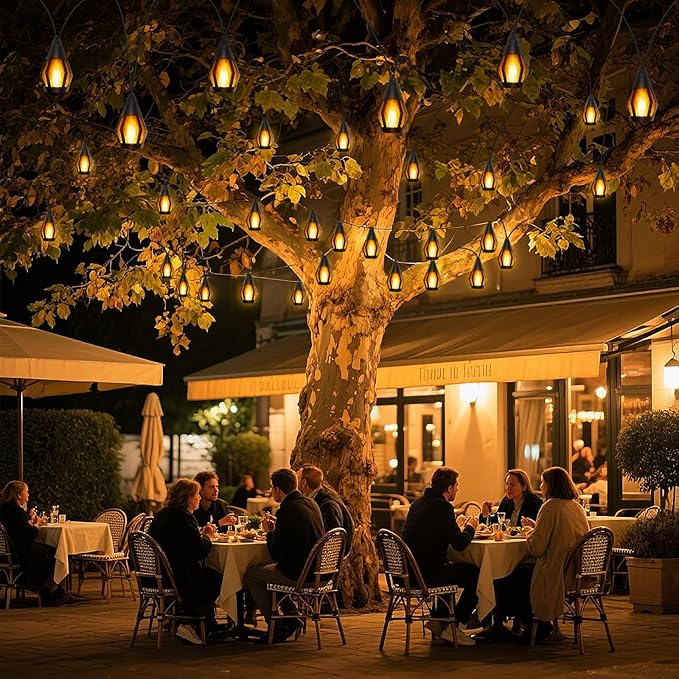 21Ft Solar String Lights Outdoor Waterproof Solar Powered Patio Lights with 10 Flickering Flame Light Bulbs Hanging Lantern String Light for Garden Yard Gazebo Cafe Bistro Party Outdoor Decor