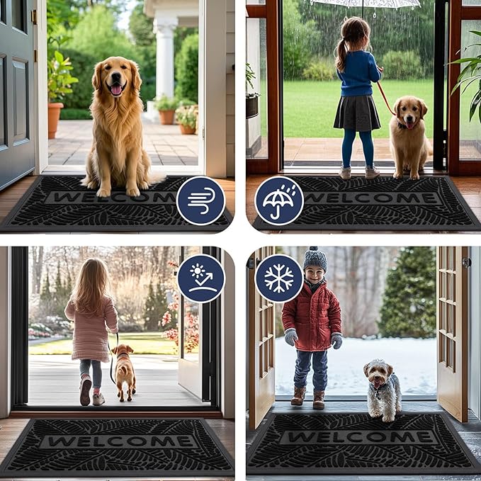 Smiry Welcome Mat Indoor Outdoor, All-Season Waterproof Front Door Mat, Sturdy Natural Rubber Doormat, Non-Slip, Easy Clean, Low Profile Dirt Trapper for Porch Patio Entrance, 71x47, Black